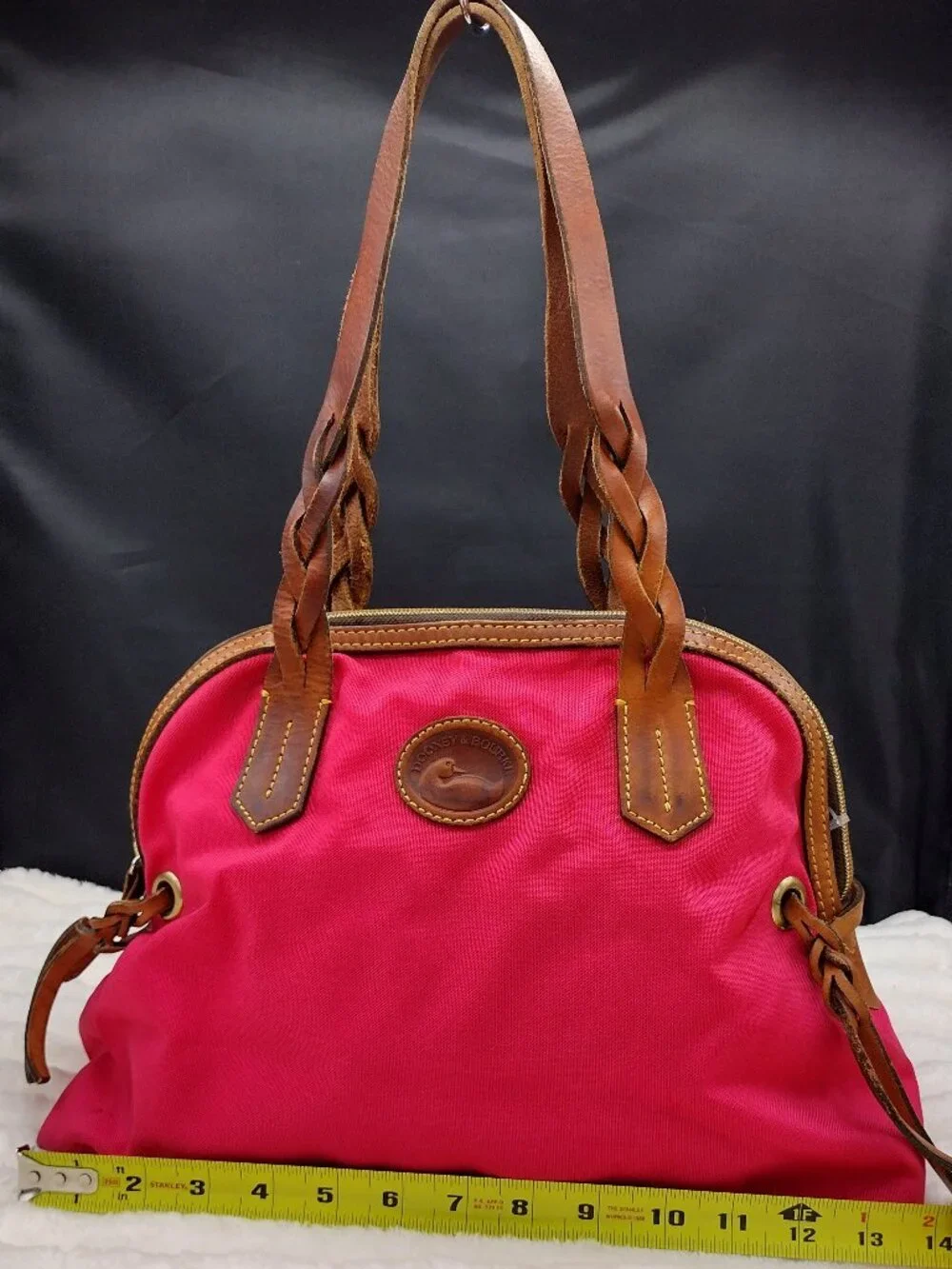 Dooney & Bourke Pink Nylon Satchel Brown Leather Trim Braided Handles Shoulder